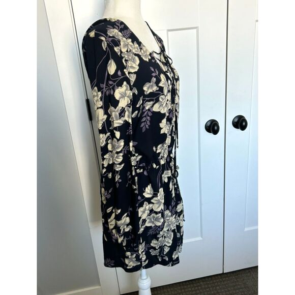 COTTON CANDY Lace Front Tie Waist Floral Print Balloon Sleeve Dress Size L - Picture 2 of 11